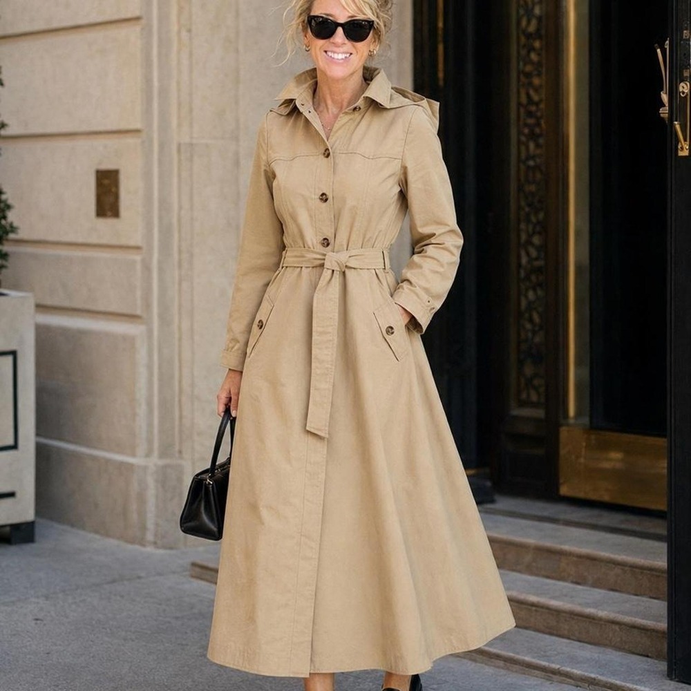 Vintage JCPenney Tan Trench Coat Hooded Belted Pleated Back Long Jacket Size 11
